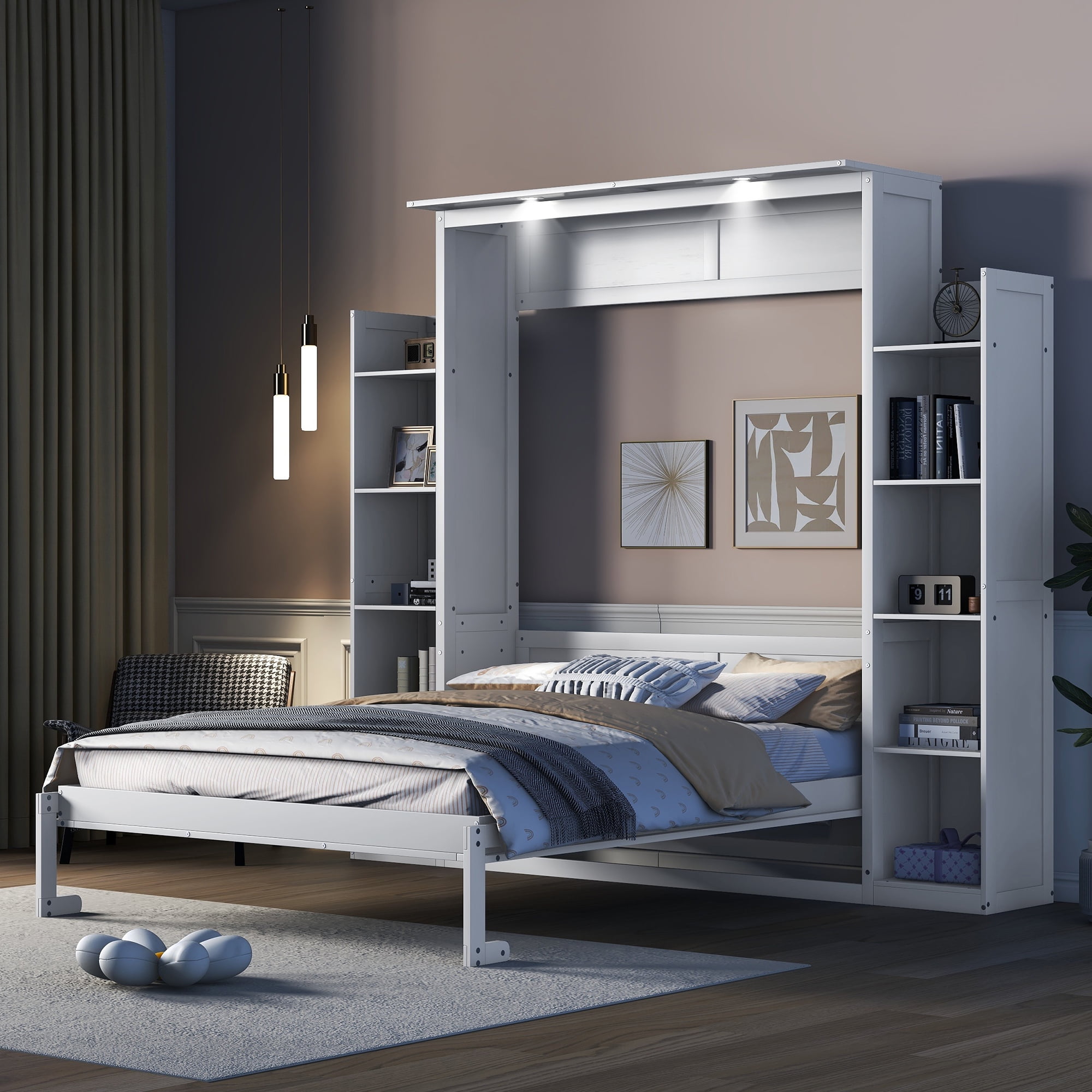 Mintazer Queen Size Murphy Bed with Side Bookcases & LED Lights, Folding Wall Cabinet Bed with Storage for Guest Room Home Office Apartment, Grey