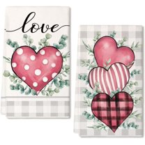 Pink Buffalo Plaid Heart Love Valentines Day Kitchen Towels Set of 2,Leaves Dish Hand Towels Holiday Anniversary Weing Seasonal Decorations