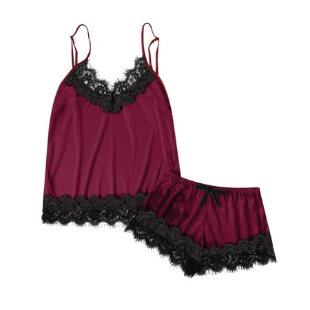 RMGVDSD Women s Satin Silk Pajamas Set Sleeveless Camisole Sleepwear V Neck Top And Shorts Pajama Sets Solid Color Soft Nightwear 2 Pcs Stylish Nightwear Set