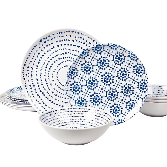 Melamine Dinnerware Set Outdoor Blue Plates Bowl Set Lightweight Shatter Proof Chip Resistant