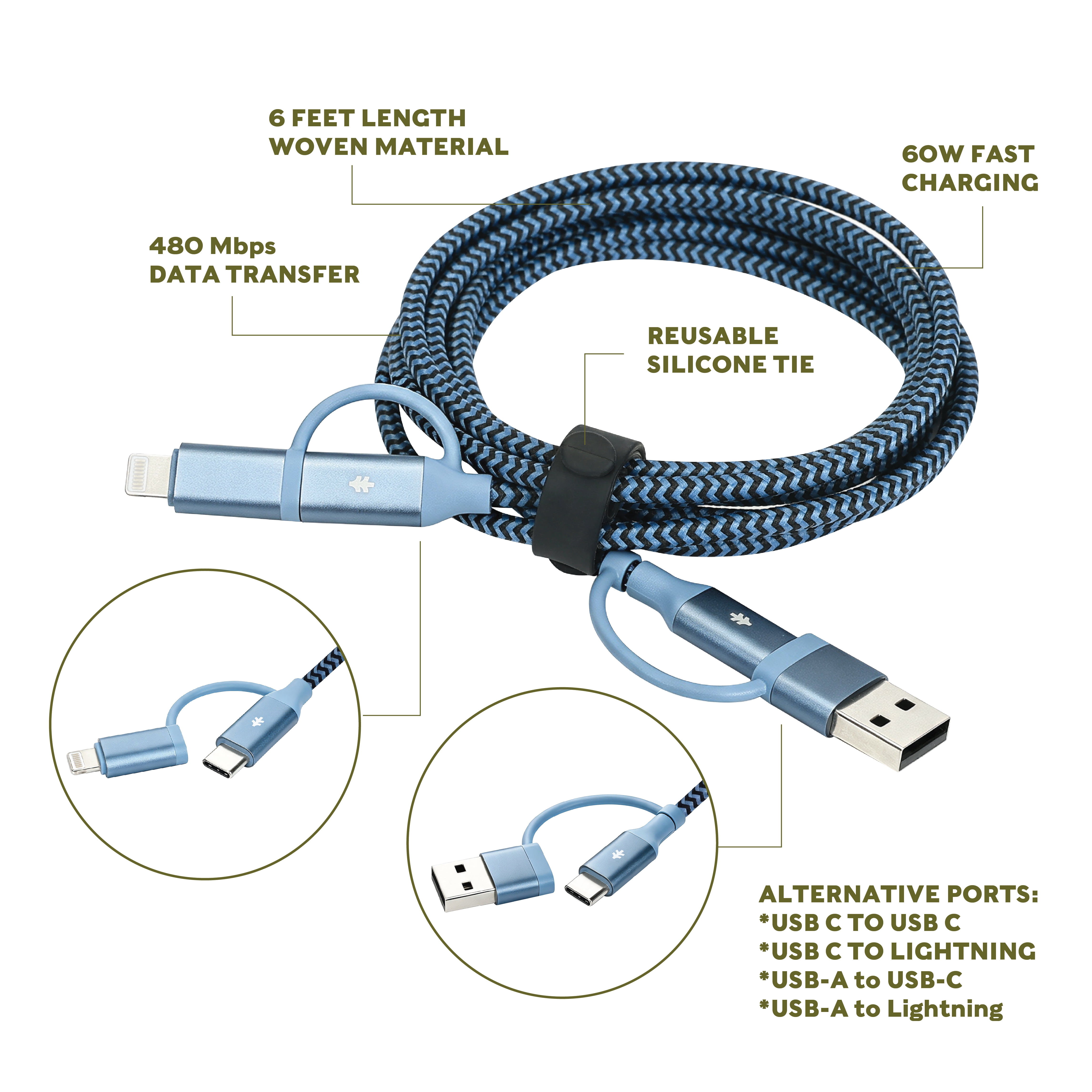 Swiss Tech Kabel T60 6 ft 60W 4-in-2 USB-C to USB-C/Lightning Charging Cable, Cresta Blue
