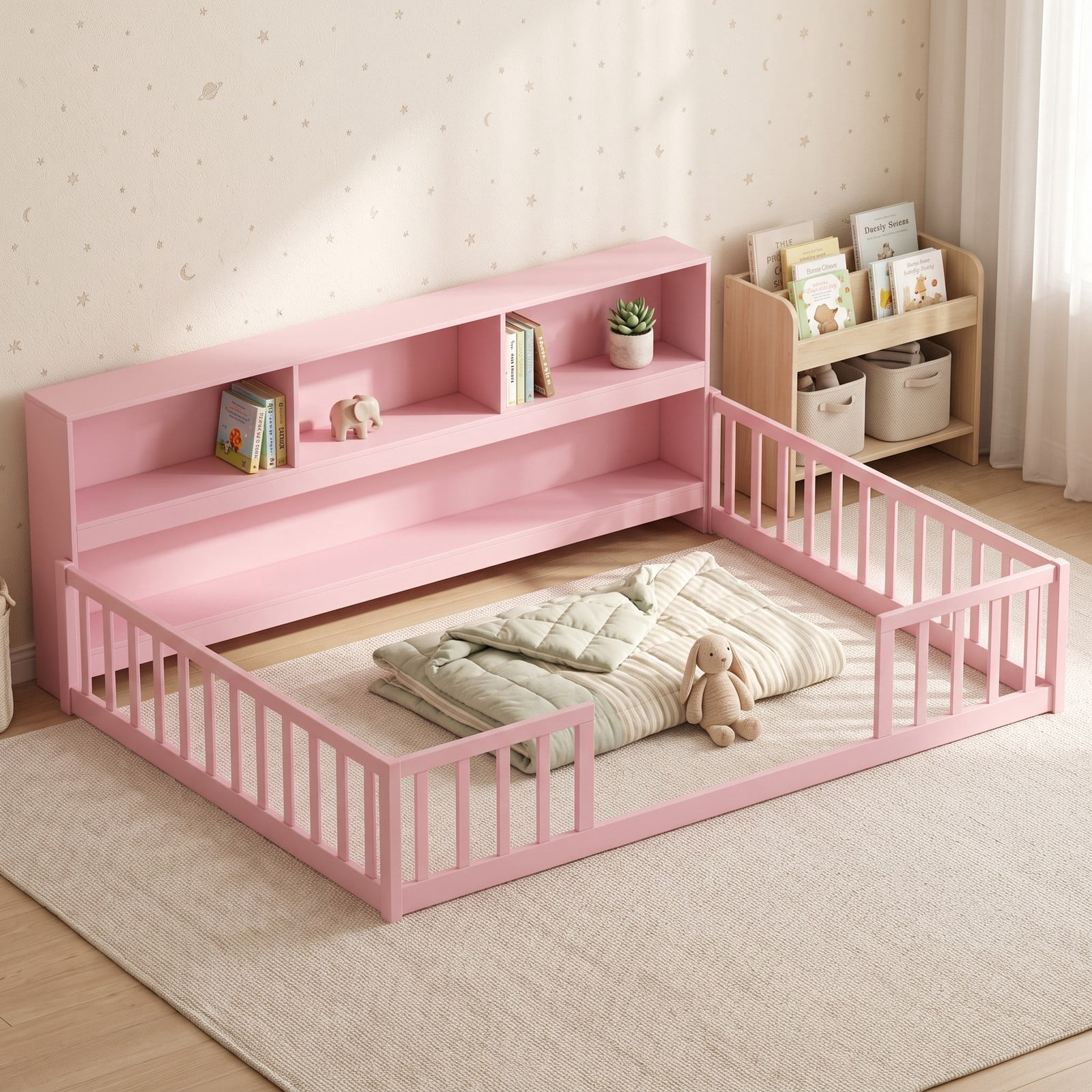 Furnibear Full Size Montessori Floor Bed Frame with Bookcase Headboard and Full Length Fence Rails, Full Bed Frame for Kids Bedroom, Pink