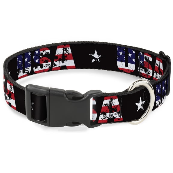 Buckle-Down Pet Collar, Dog Collar Plastic Buckle, USA Star Black US Flags, 7 to 8.5 Inches 0.5 Inch Wide