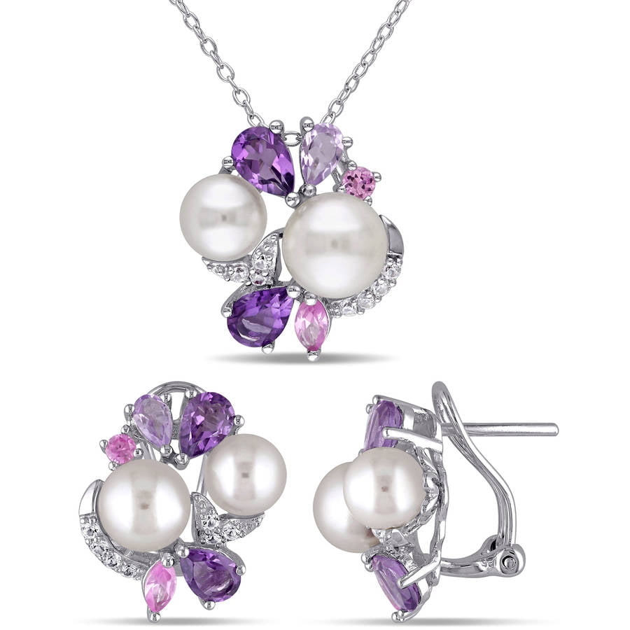 Tangelo 6.5-8mm White Cultured Freshwater Pearl and 4 Carat T.G.W. Created Marquise White and Pink Sapphire with... by Tangelo