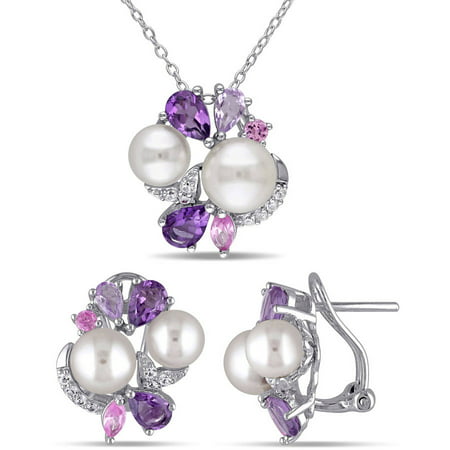Tangelo 6.5-8mm White Cultured Freshwater Pearl and 4 Carat T.G.W. Created Marquise White and Pink Sapphire with Pear-Cut Amethyst and Rose De France Sterling Silver Set of Earrings and Pendant, 18