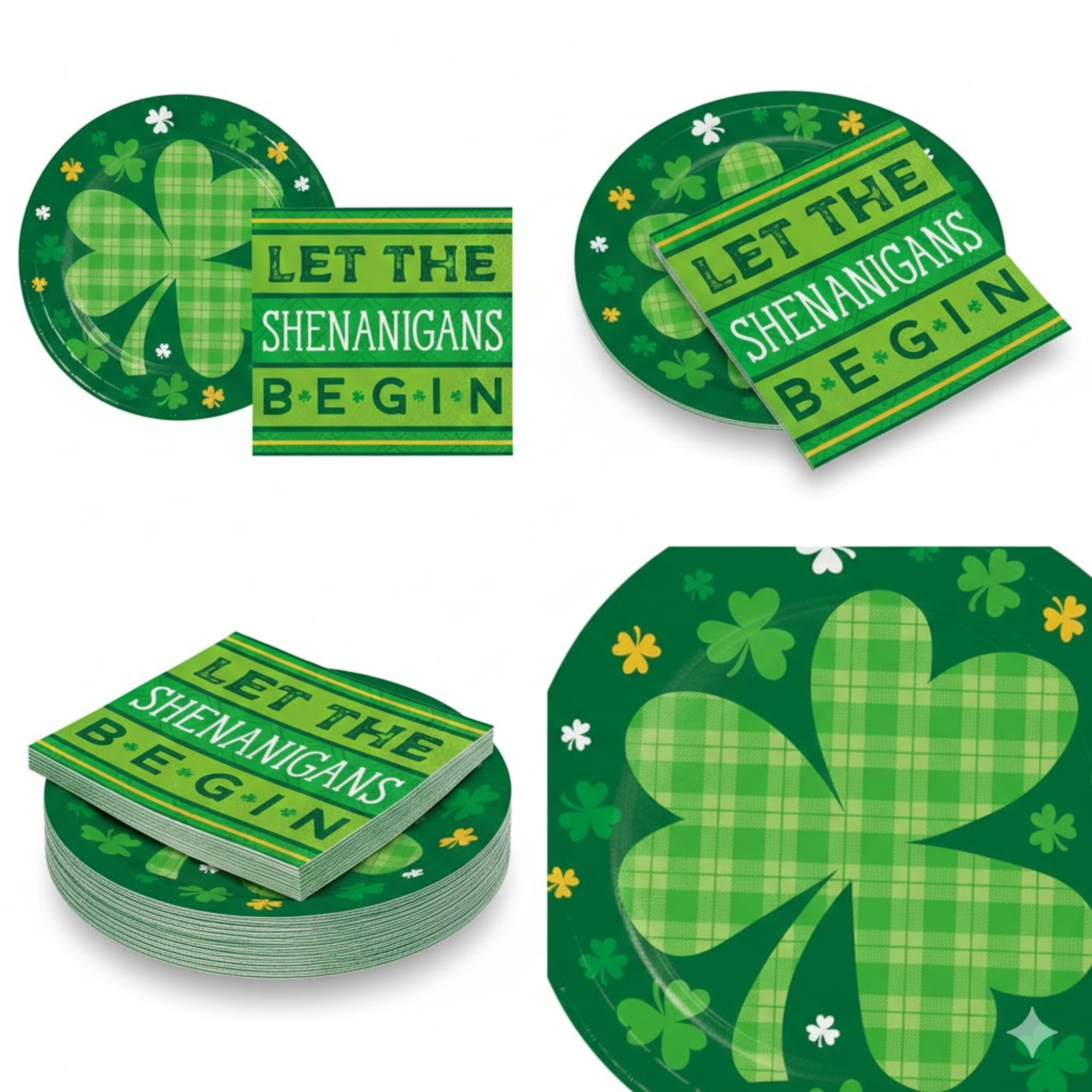 St. Patrick’s Day Party Supplies Set – Shamrock Dessert & Appetizer Plates -16 Count, 7" & “Let the Shenanigans Begin” Beverage Napkins -16 Count – Disposable Paper Plates & Napkins