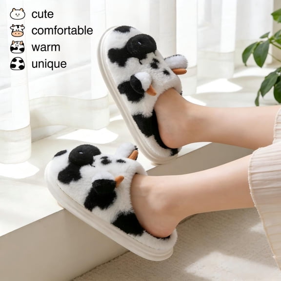 Cozy Warm Cow Pattern Slippers, Thick Bottom Anti-Slip Indoor Household Cotton Shoes