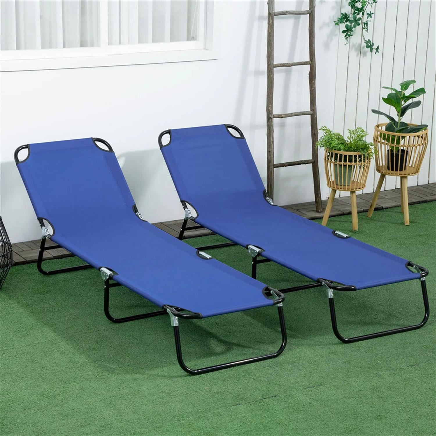 Demi Bonn 2-Piece Outdoor Collapsible Chaise Loungers with Steel Frame, 5-Position Reclining Folding Beach Chairs for Yard, Patio, Blue