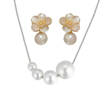 Pearl Necklace and Flower Pearl Earrings Set - Minimalist Chic Jewelry for Women