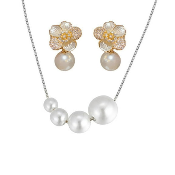 Pearl Necklace and Flower Pearl Earrings Set - Minimalist Chic Jewelry for Women