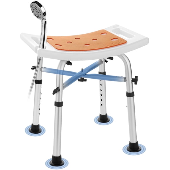 Stable Shower Stool with Heavy Duty Crossbar Support Up to 350 Lbs, Height Adjustable Bath Seat with Shelf for Inside Shower, Orange