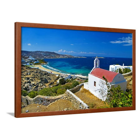 Beautiful View with Small Church on Mykonos Island, Greece Framed Print Wall Art By