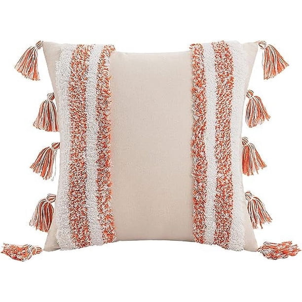Nvzi Fundas de almohada con borlas y bordado geométrico de 45,7 x 45,7 cm, estilo bohemio, para decoración del hogar (naranja, 45,7 x 45,7 cm)