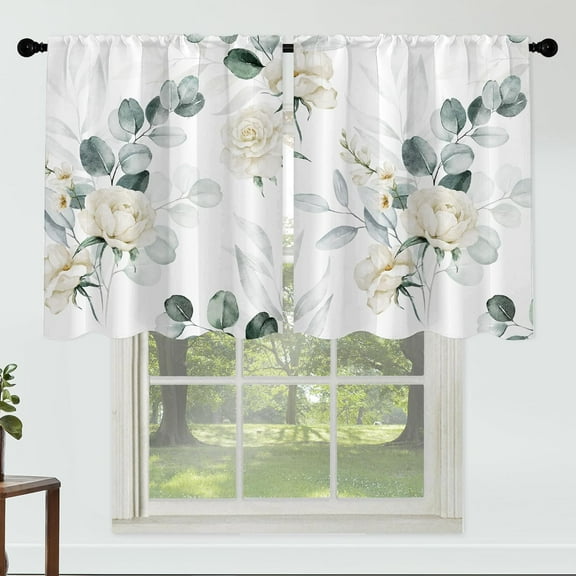 White Flower Curtains 27Inches Wide 36 Inches Length 2 Panels Beautiful White Floral Rod Pocket Window Curtain Plant Printed Curtains for Kitchen Bathroom
