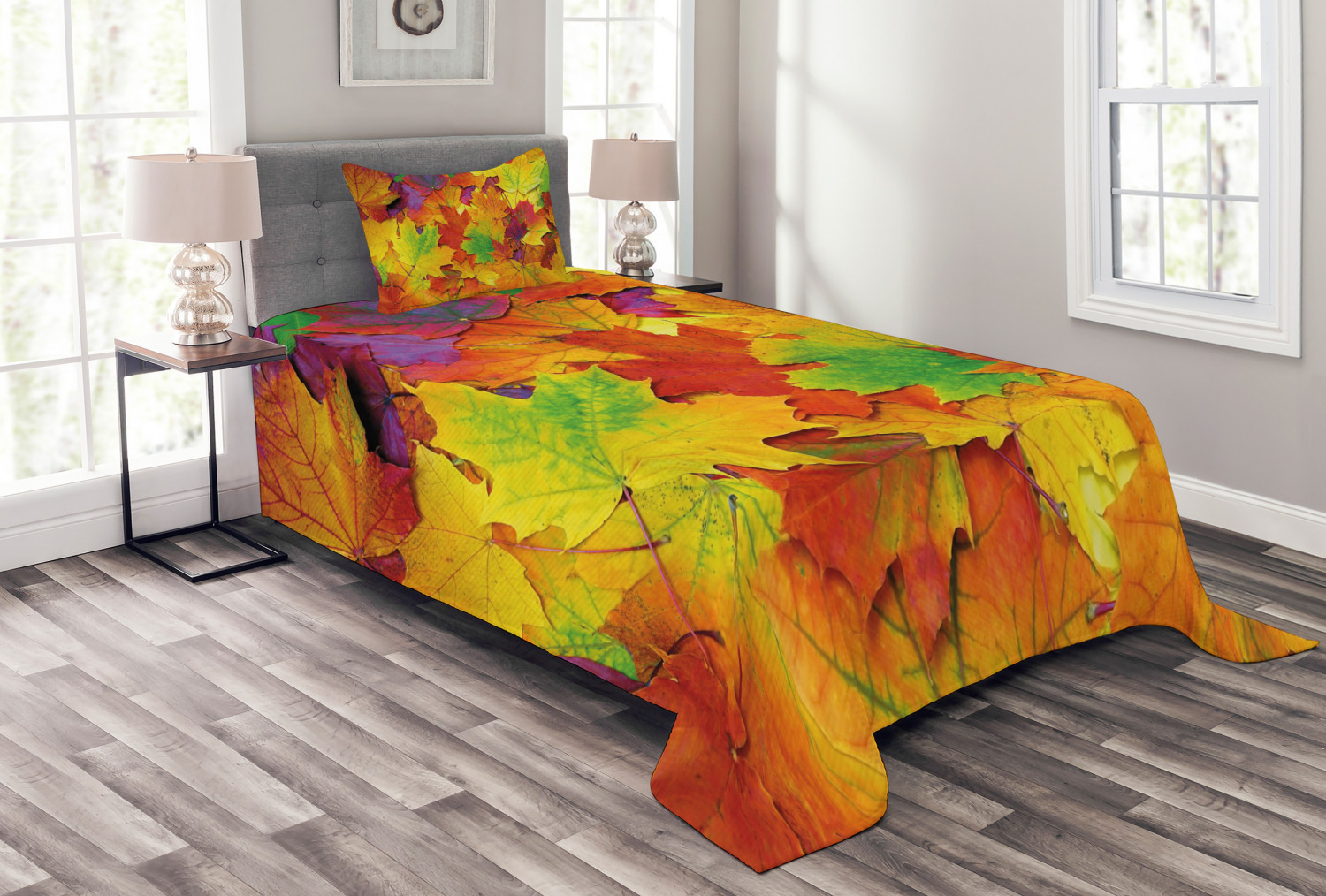 Fall Bedspread Set, Different Colored Vibrant Many Autumn Maple Leaves