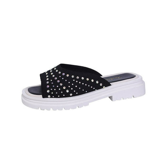 Fesfesfes Women's Rhinestone Open Toe Thick-Soled Sandals Comfortable Casual Spring Summer Fashionable Versatile Slip-On Lightweight Shoes for Outdoor Wear(Black,US 9)