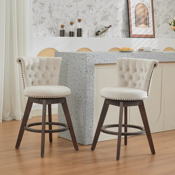 35" Set of 2 Bar Stools, 360° Swivel Stools with Tufted Button Design, Velvet Upholstered Counter Stools with Back, Beige