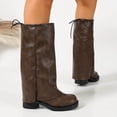 thumbnail image 4 of Viluyesy Womens Knee High Boots Round Toe Block Heel Crinkled Faux Leather Back Drawstring Layered Wide Shaft Trendy Street Boots Khaki Size 9, 4 of 6