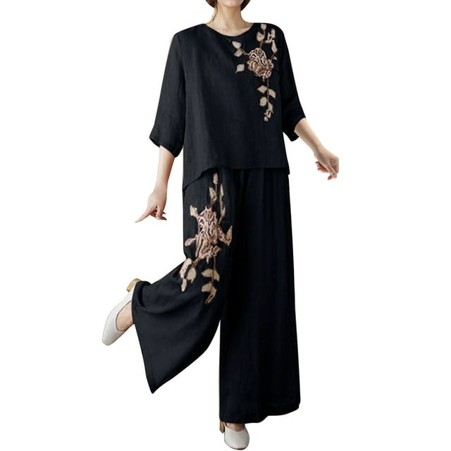 Wensltd Womens Embroidery Set Fashion Shirt Lightweight Wide Leg Pants Two Piece Set
