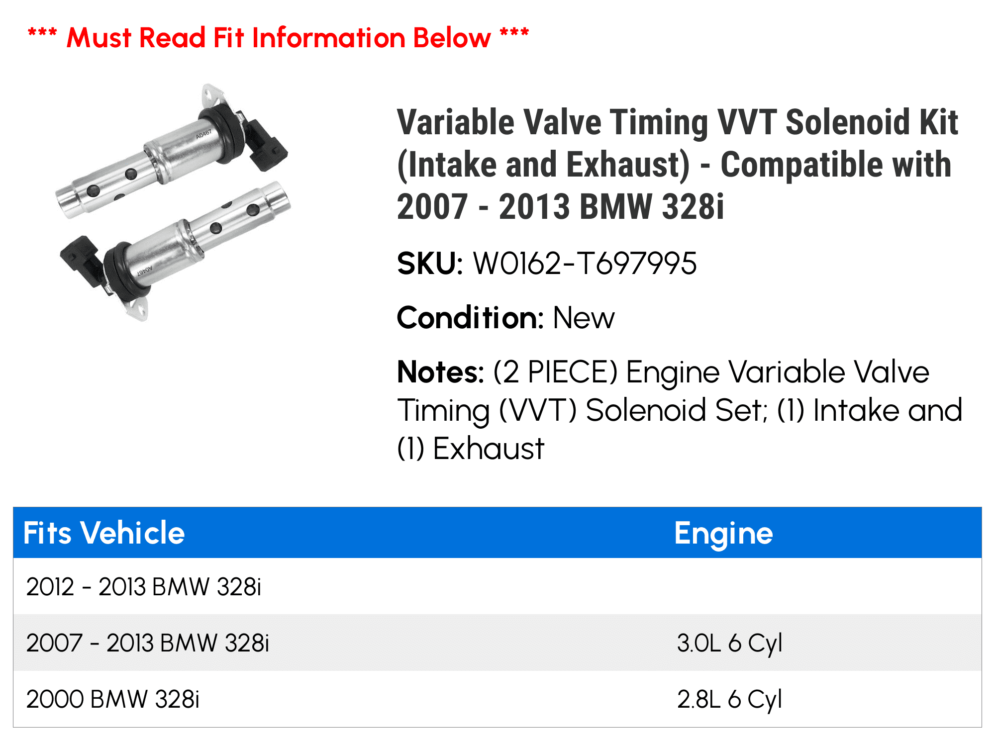 Variable Valve Timing VVT Solenoid Kit (Intake and Exhaust) - Compatible with 2007 - 2013 BMW 328i 2000 2008 2009 2010 2011 2012