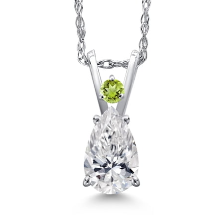 Gem Stone King 14K White Gold DEF Lab Grown Diamond and Green Peridot Pendant Necklace for Women | 0.57 Cttw | Gemstone April Birthstone | Pear Shape 7X5MM | With 18 inch Chain