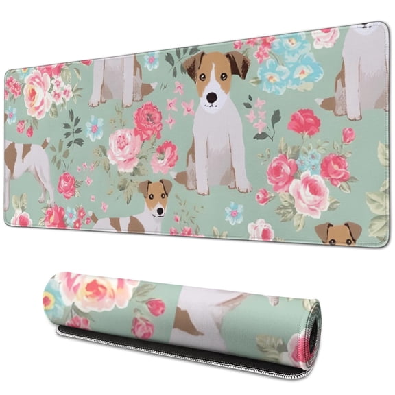 Long Mouse Pads for Desk,Jack Russell Terrier Dog and Flower Desk Mats on Top Of Desks, Desk Mouse Pad Extra Large with 3mm Non-Slip Base and Stitched Edge for Gaming,Office,Work,Home 31.5"x11.8"