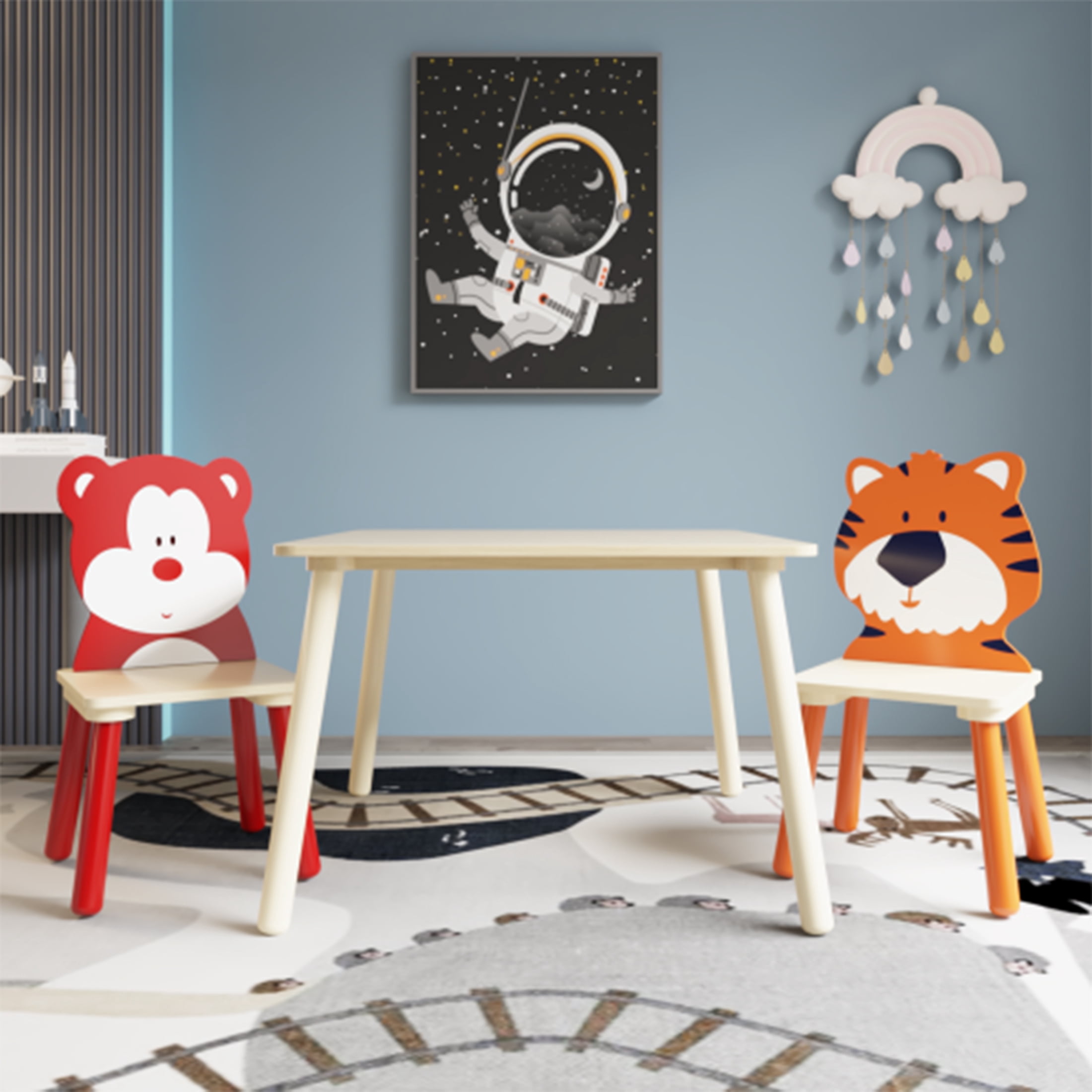 kids Table and Chairs Set,3 Pieces Toddler Table and Animals Chair,Wood Activity Table Play Table Sets