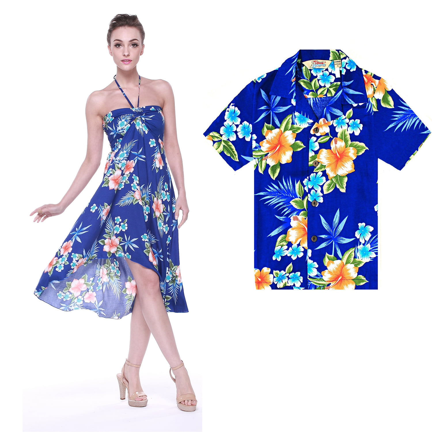 Matching Mother Son Hawaiian Luau Outfit Dress Shirt in Hibiscus Blue -  