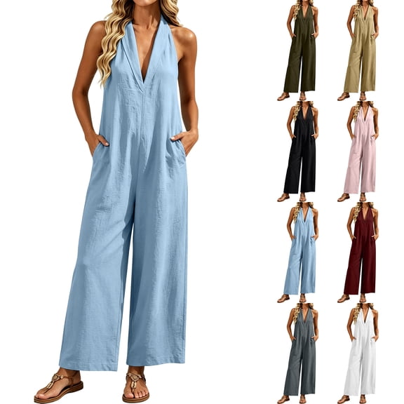 Neewe Womens Plain Linen Wide Leg Sleeveless Jumpsuits | V Neck Cutout High Waist Rompers, Breathable Lightweight, Beach Vacation Pants Outfit, Casual Dressy, Fall Winter Resort Wear