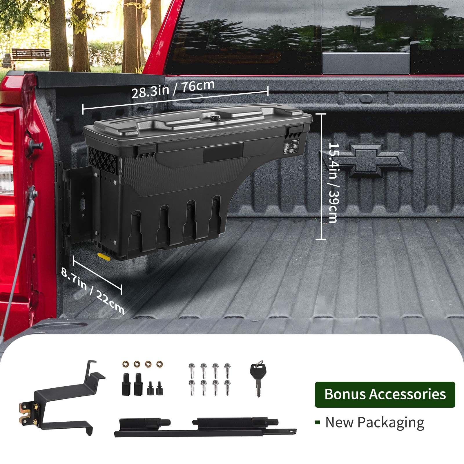 KFFKFF Truck Bed Storage Box, Lockable Lid, 6.6 Gal/20 L Waterproof ABS Wheel Well Tool Box, Compatible with Chevrolet Silverado 1500 GMC Sierra 1500 2019-2021, Black, Driver Side
