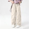 thumbnail image 5 of Lenpel Girls' Cargo Pants Cotton Elastic High Waisted Pull on Pleated Wide Leg Pants Baggy Casual Trousers with Pockets, 5 of 6