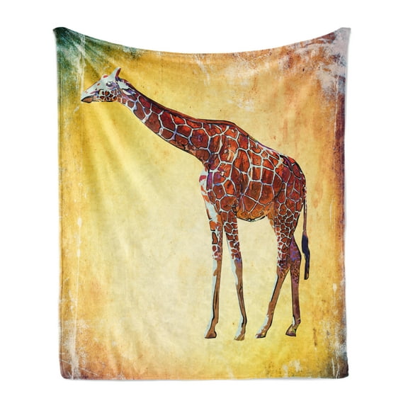 Giraffe Soft Flannel Fleece Throw Blanket, Vintage Style Illustration Watercolor Animal Wildlife Safari Zoo Retro Art, Cozy Plush for Indoor and Outdoor Use, 70" x 90", Multicolor, by Ambesonne