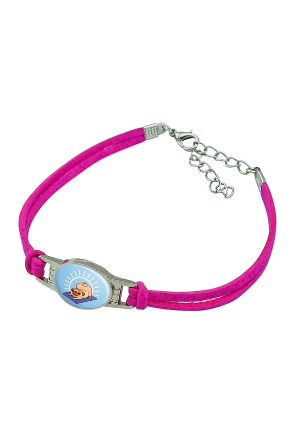 Downward Facing Dog Pug Doing Yoga Novelty Suede Leather Metal Bracelet