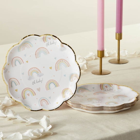 Kate Aspen Boho Rainbow Baby Shower Paper Plates – 9 Inch Disposable Party Plates With “Oh Baby” Design For Boho Baby Shower Decorations & Party Supplies (Set Of 16)