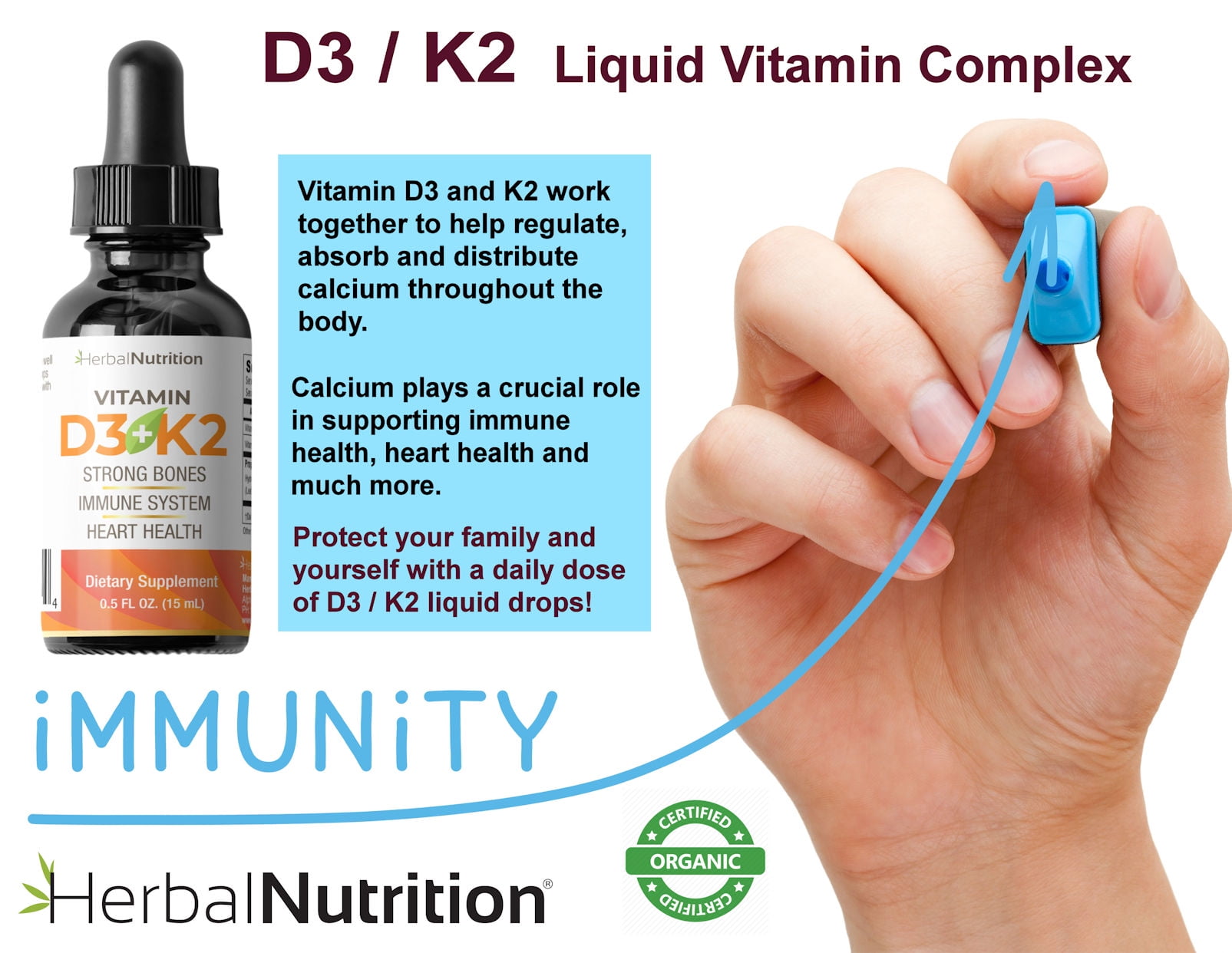 Two Pack - Vitamin D3 Liquid Complex Organic D3 K2 5000iu 270 Servings Per Bottle from Herbal Nutrition