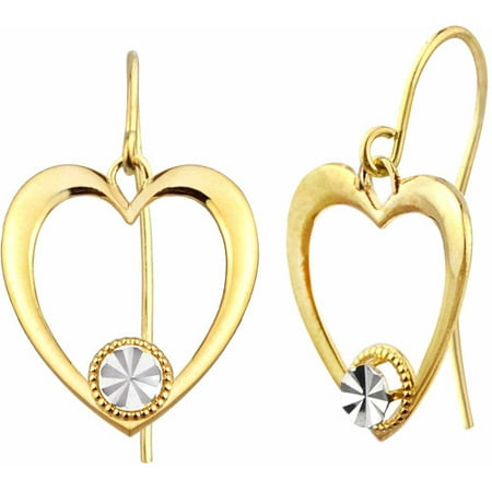 US GOLD 10kt Gold Polished Heart with Diamond-Cut Accent Dangle Earrings