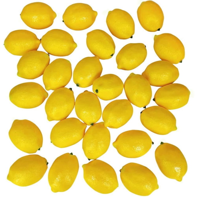 Nvzi-b - Paquete de 30 limones amarillos artificiales, fruta artificial, limones falsos, limones realistas, maqueta de fiesta, mesa de cocina, decoración de verano, relleno de jarrón, frutero,