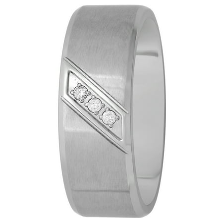 Men's Stainless Steel 8MM Slant Diamond Accent Wedding Band - Mens Ring