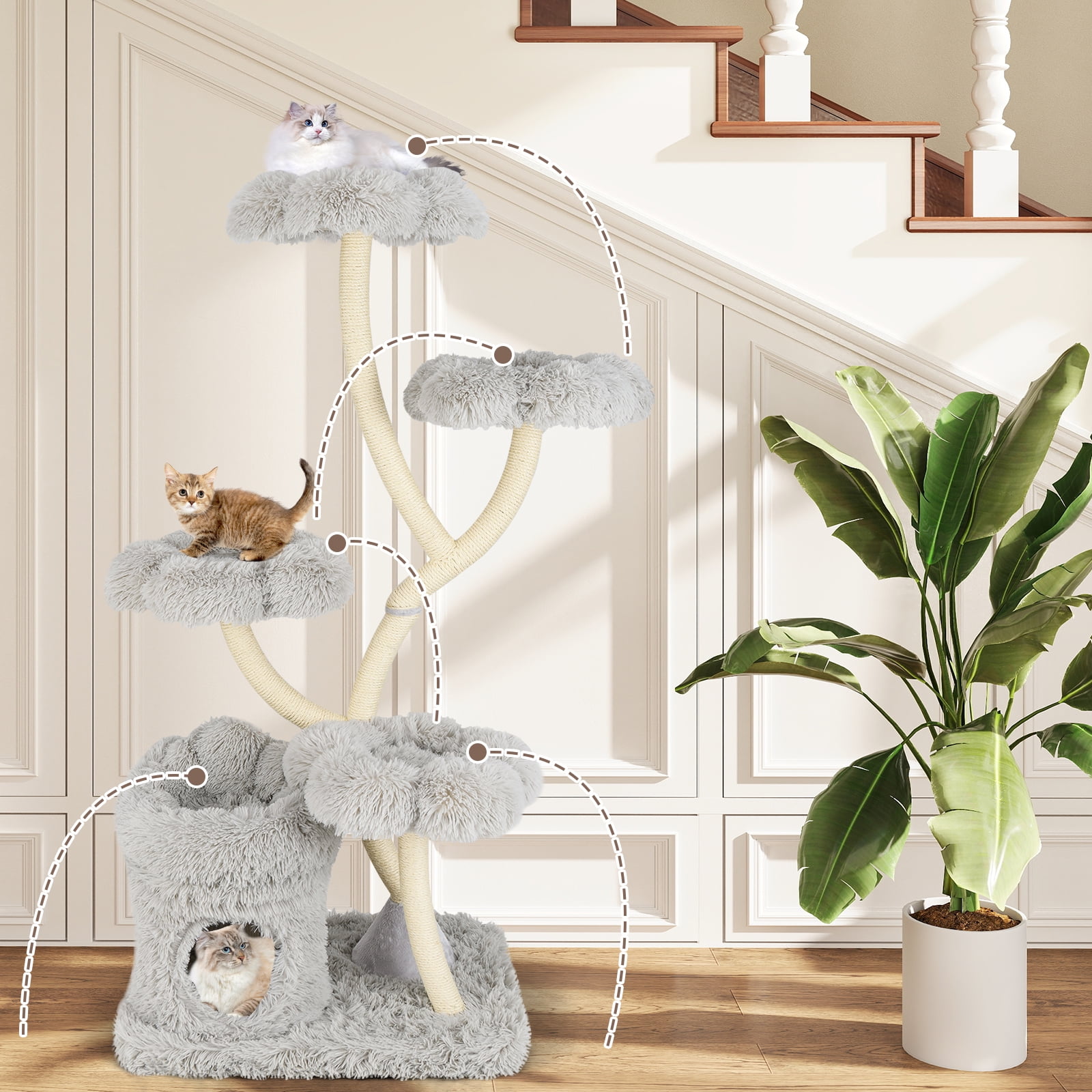 Gymax Freestanding Cat Tower Tall Cat Tree w/ four Flower-shaped Platforms Cat Condo Gray