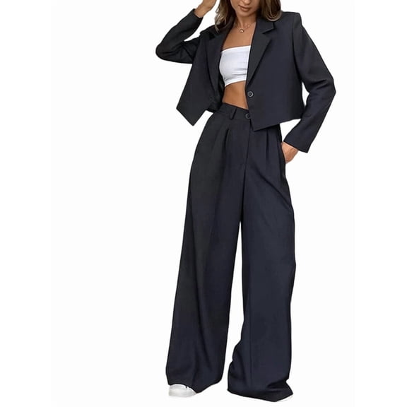 Women'S 2 Piece Suit Set Cropped Blazer Wide Leg Pants Business Casual Outfits Work Office Clothes Dark Gray L