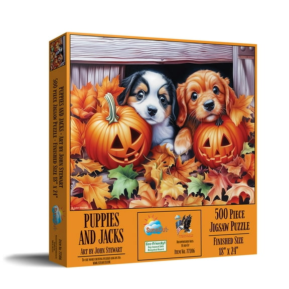 SUNSOUT INC - Puppies and Jacks - 500 piece Jigsaw Puzzle for Adults by Artist: John Stewart - Finished Size 18" x 24" - MPN# 77206