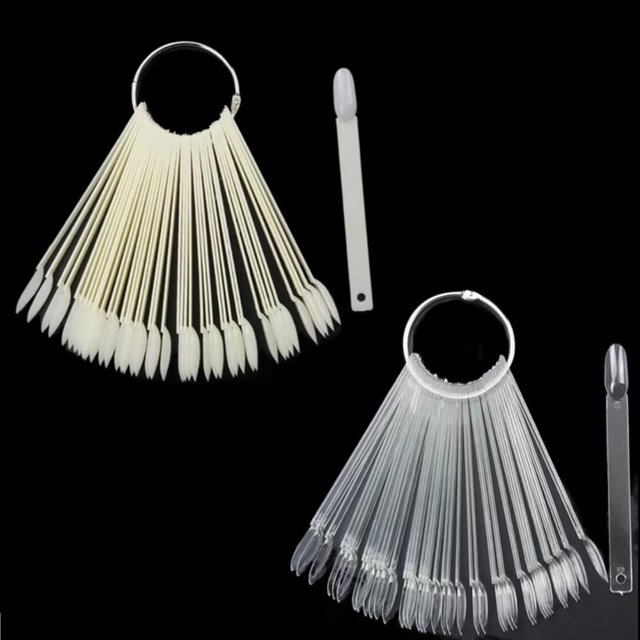 100 Pack Fan shape False Nail Art Tips Nail Art Swatch Sticks Nail Polish Practice Fingernail Display With Metal Split Ring (Natural Color, Clear Color)