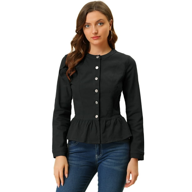 Chaqueta de mezclilla con cuello redondo y botones de manga larga con volante recortado y peplum para mujer Negros S