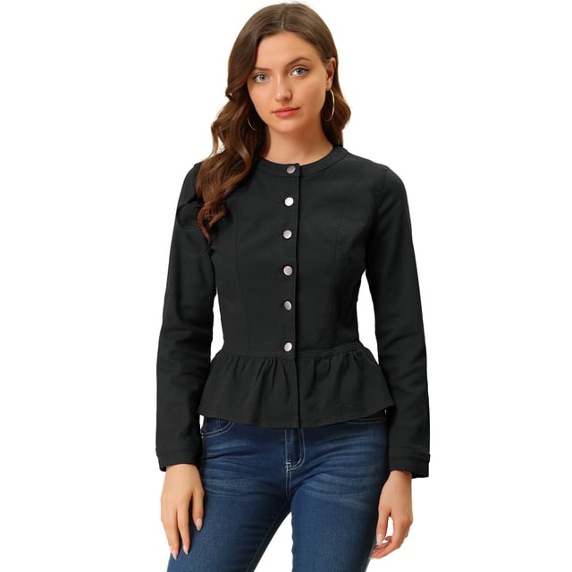 Chaqueta de mezclilla con cuello redondo y botones de manga larga con volante recortado y peplum para mujer Negros S
