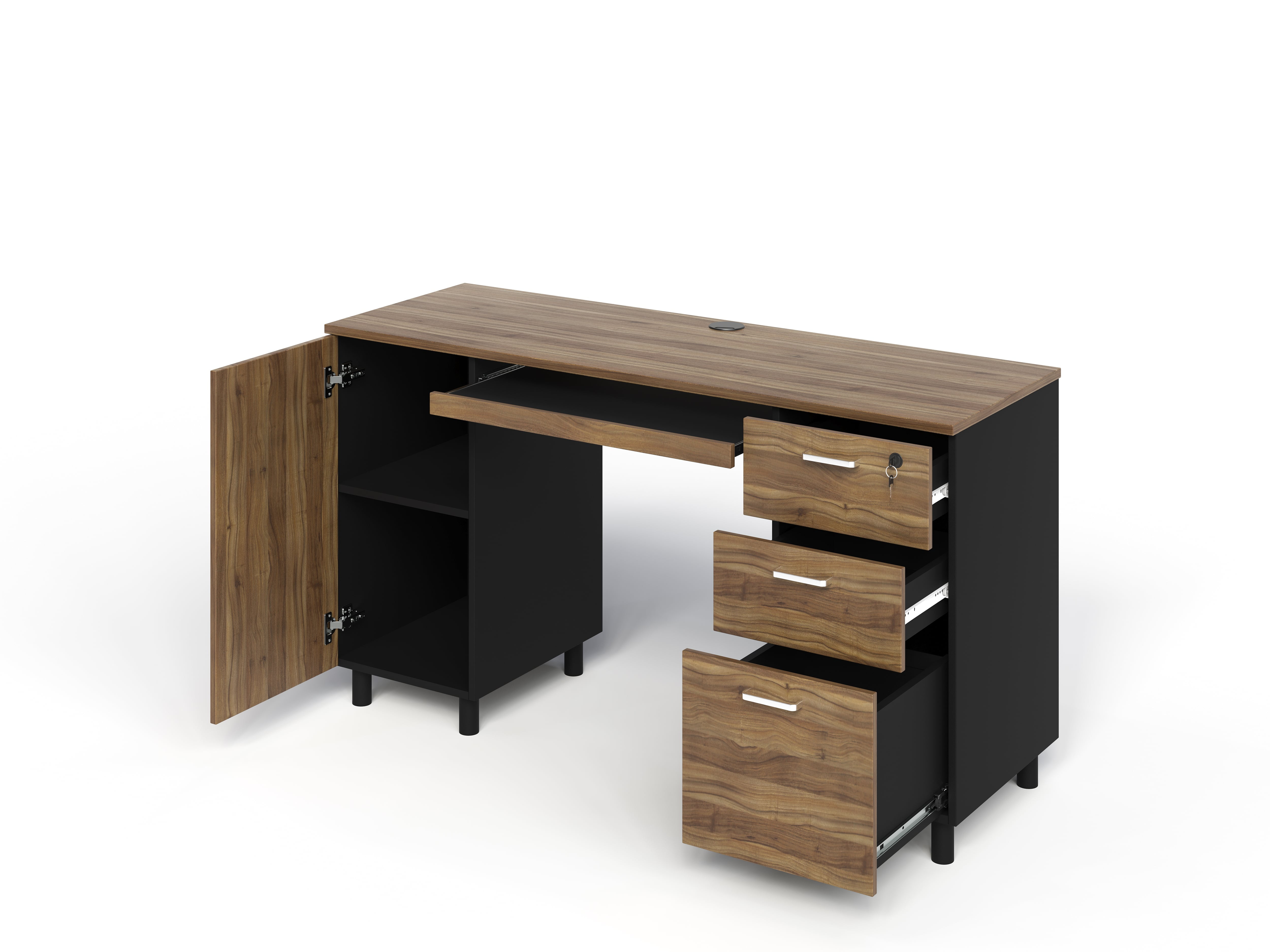 Modern Design Venice Computer Desk Great for Home Office Desk by Crafts and Comfort - 3 Drawers and CPU Storage Cabinet - Laptop Workstation with Keyboard Tray and Cable Hole - Walnut / Black