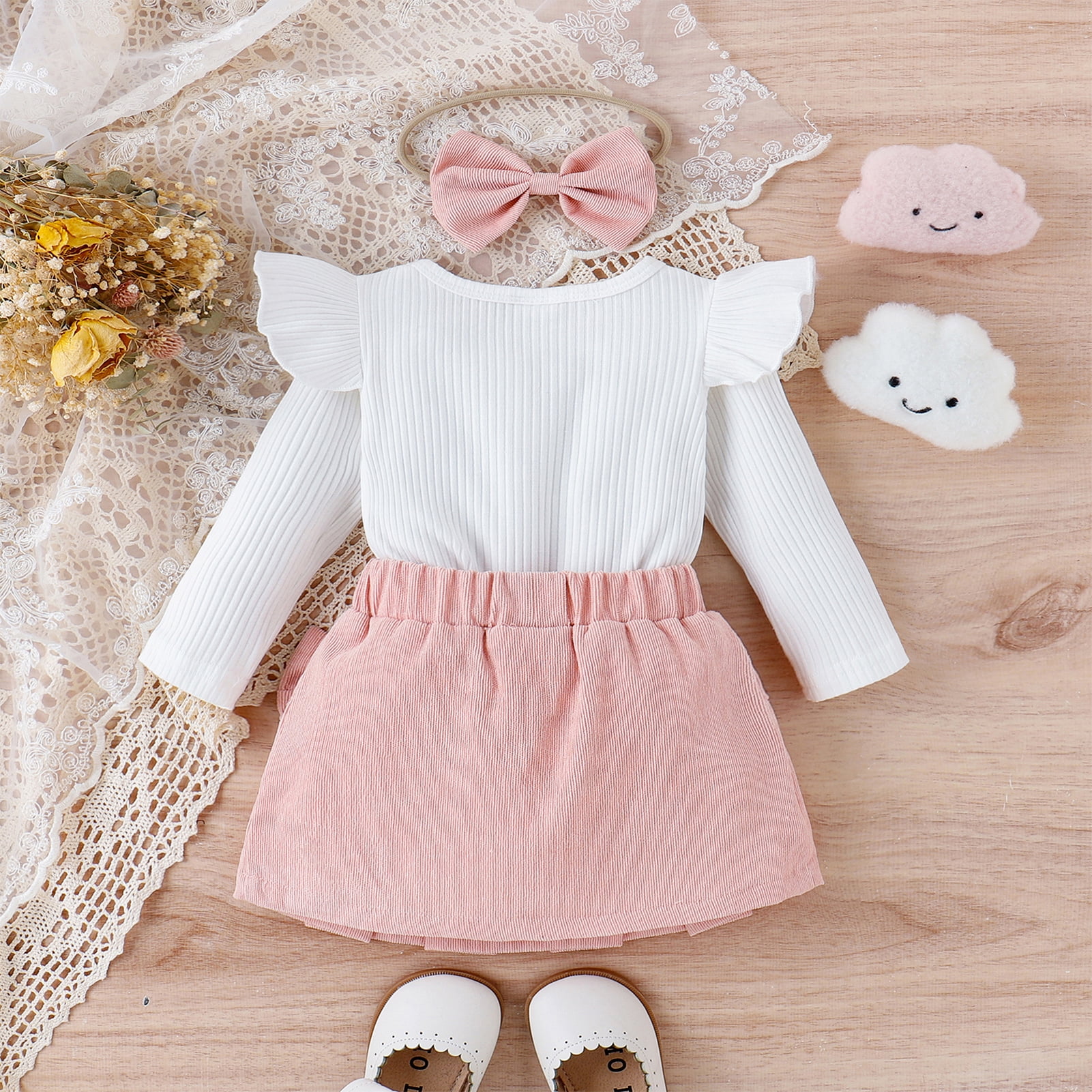 IWEMEK Baby Girl Outfits Fall Crewneck Fly Long Sleeve Knit Tops Fashion Cute Pink Skirt with Headwear 3Pcs Set 3-24M