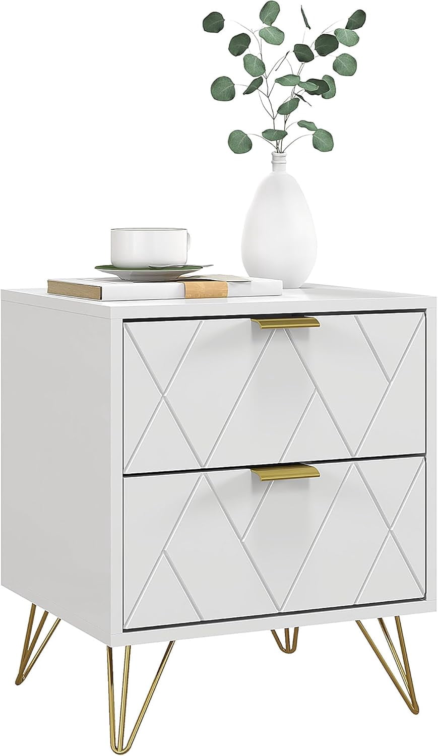 Bedside Table, Modern Nightstand with 2 Drawers, Small Sofa End Table with Storage and Gold Hairpin Legs for Bedroom, White