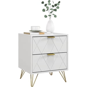 Bedside Table, Modern Nightstand with 2 Drawers, Small Sofa End Table with Storage and Gold Hairpin Legs for Bedroom, White