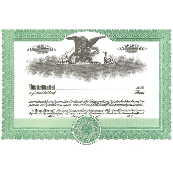 Short Form Green Stock Certificate Size 8-1/2" x 11", Blank Corporate Stock Certificates Laser or Ink Jet Compatiable (5 Pack)