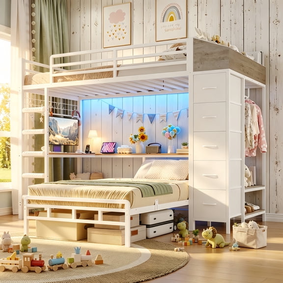 Bunk Bed with 75.6'' L-shaped Desk & Storage Hall Tree Twin Over Twin Gaming LED Loft Bed with Charger and work place White